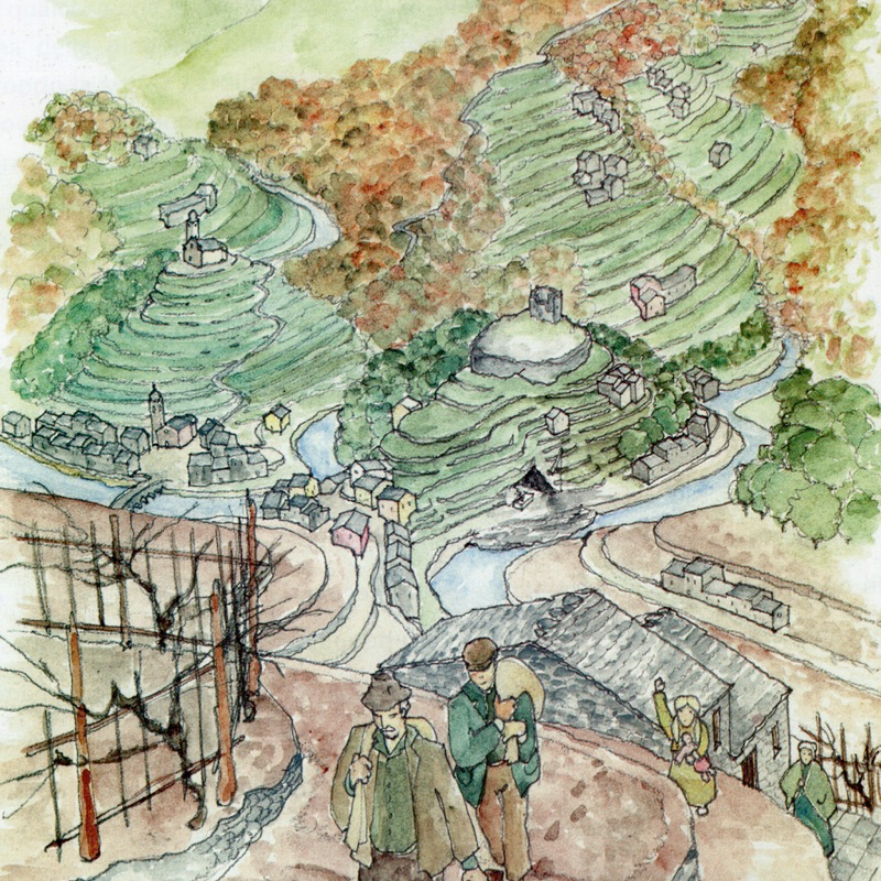 Emigranti lasciano il paese. Illustrazione di Renata Allegri, tratta da Allegri R., “Percorsi nella mente e percorsi sul territorio: alla scoperta del mondo passato (parte 3)”, pubblicazione realizzata nell’ambito del Progetto didattico “Valorizzazione delle scuole di montagna” del Circolo Didattico di Cicagna, Rapallo, Emiliani, 2002, p. 12