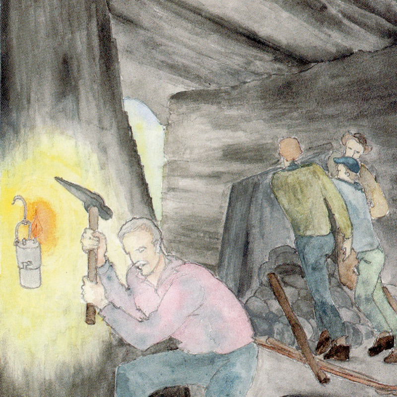 Lavori in cava. Illustrazione di Renata Allegri, tratta da Allegri R., “Percorsi nella mente e percorsi sul territorio: alla scoperta del mondo passato (parte 3)”, pubblicazione realizzata nell’ambito del Progetto didattico “Valorizzazione delle scuole di montagna” del Circolo Didattico di Cicagna, Rapallo, Emiliani, 2002, p. 81