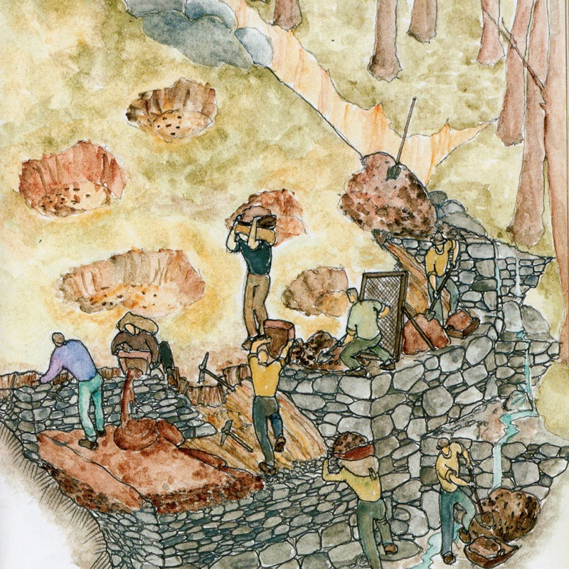 Costruzione delle fasce. Tavola 3. Illustrazione di Renata Allegri, tratta da Allegri R., “Il paesaggio ligure, un mondo di pietra, la costruzione dei terrazzamenti”, Regione Liguria-Assessorato alle Politiche dell’Agricoltura e dell’Entroterra, Genova, De Ferrari&Devega, 2003