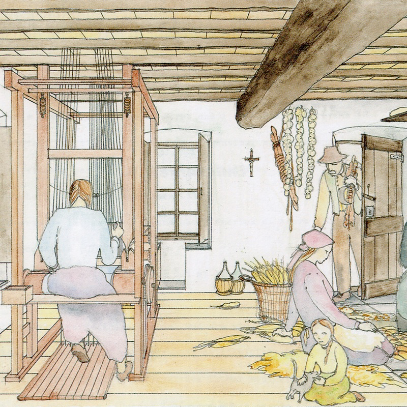 Tutti al lavoro in una casa contadina. Illustrazione di Renata Allegri, tratta da Allegri R., “Percorsi nella mente e percorsi sul territorio: alla scoperta del mondo passato (parte 3)”, pubblicazione realizzata nell’ambito del Progetto didattico “Valorizzazione delle scuole di montagna” del Circolo Didattico di Cicagna, Rapallo, Emiliani, 2002, p. 72